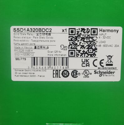 Schneider Electric SSD1A320BDC2 Relé de Estado Sólido SSR Montagem em Trilho DIN 20A Corrente de Carga 48-600V AC Saída 4-32V DC Controle